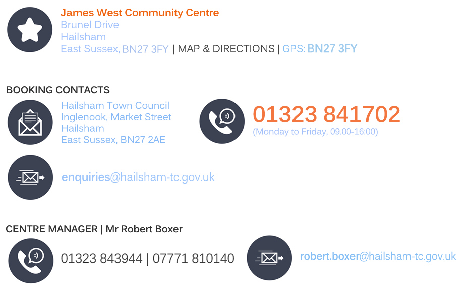 Contact us via post (James West Community Centre, Brunel Drive, Hailsham, BN27 3FY), booking contact (Town Council offices, Inglenook, Market Street, Hailsham, BN27 2AE, enquiries@hailsham-tc.gov.uk, 01323 841702), or the Centre Manager (Robert Boxer, 01323 843944/07771 810140, robert.boxer@hailsham-tc.gov.uk)